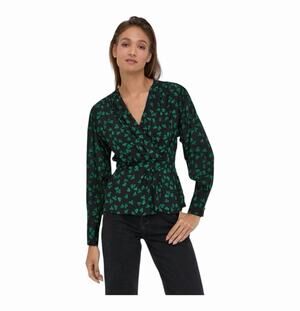 The Kooples Naive Romantic Flowers Silk Peplum Top Black Green Size 1 NWT